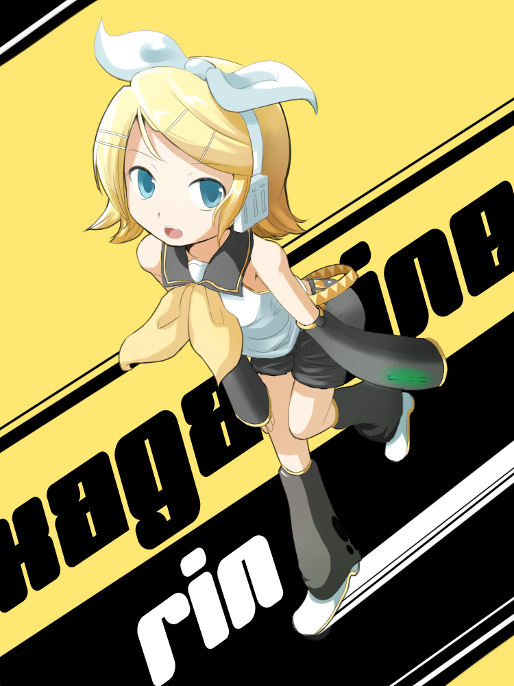 VOCALOID、镜音铃 1名女孩 露肩 黑色短裤 黑色袖子 金发