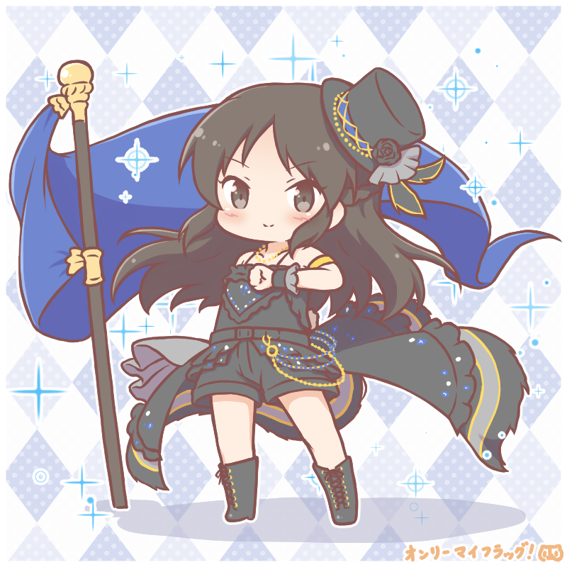 偶像大师、偶像大师 灰姑娘女孩、偶像大师灰姑娘女孩：星光舞台 1名女孩 菱格纹背景 露肩 黑吊带背心 黑花