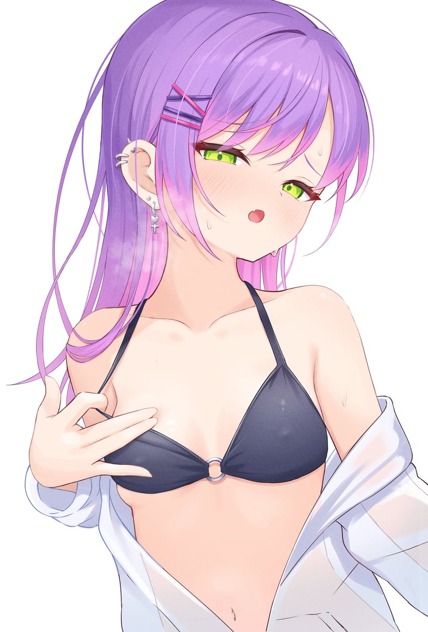 Hololive、常暗永远 1名女孩 惊讶 手臂放在侧边 比基尼 黑色比基尼