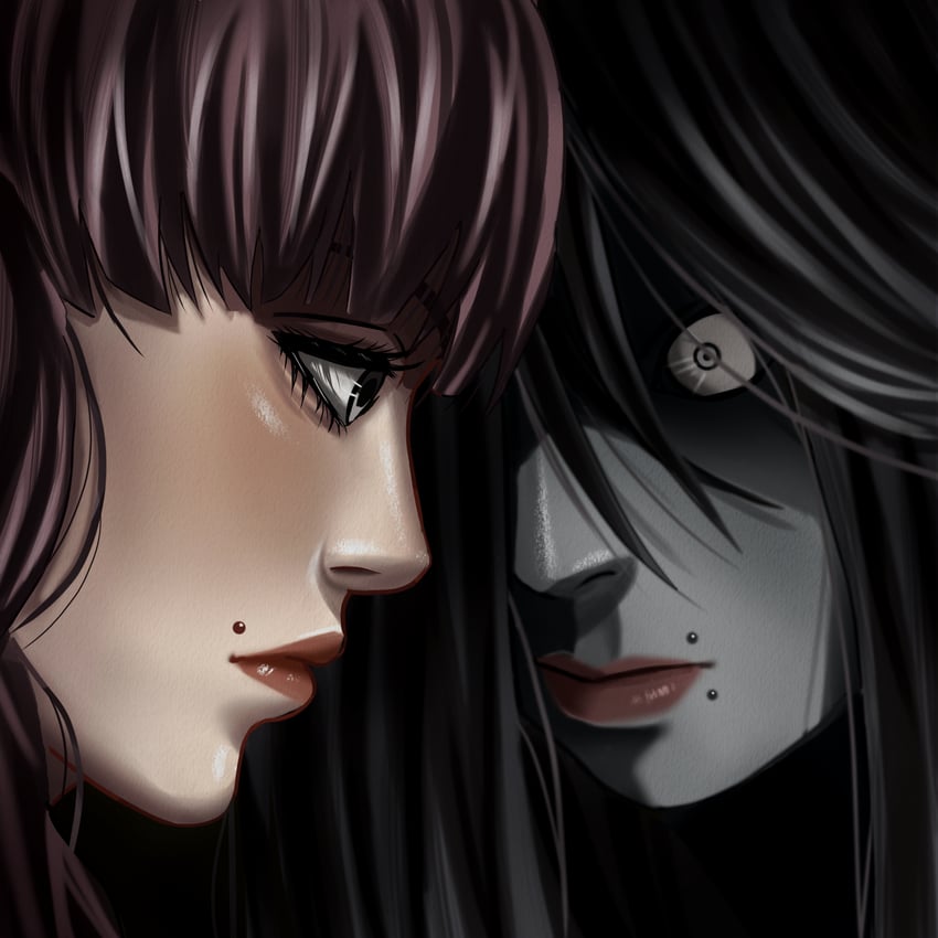 恐惧与饥饿 (系列)、恐惧与饥饿 2：终点、茧 (恐惧与饥饿) 2名女孩 黑色背景 棕眼睛 棕发 双重人格