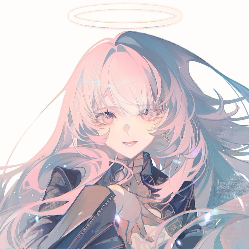明日方舟、蕾缪安 (明日方舟) 1名女孩 黑色夹克 耳环 光环 手放在自己胸前