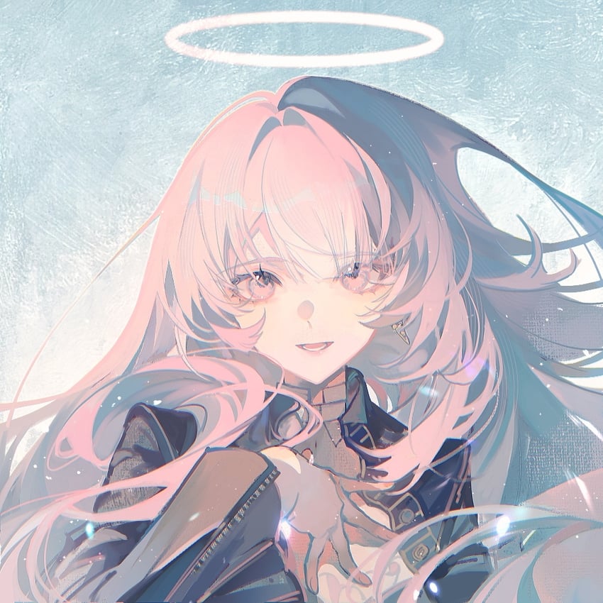 明日方舟、蕾缪安 (明日方舟) 1名女孩 黑色夹克 蓝色背景 耳环 光环