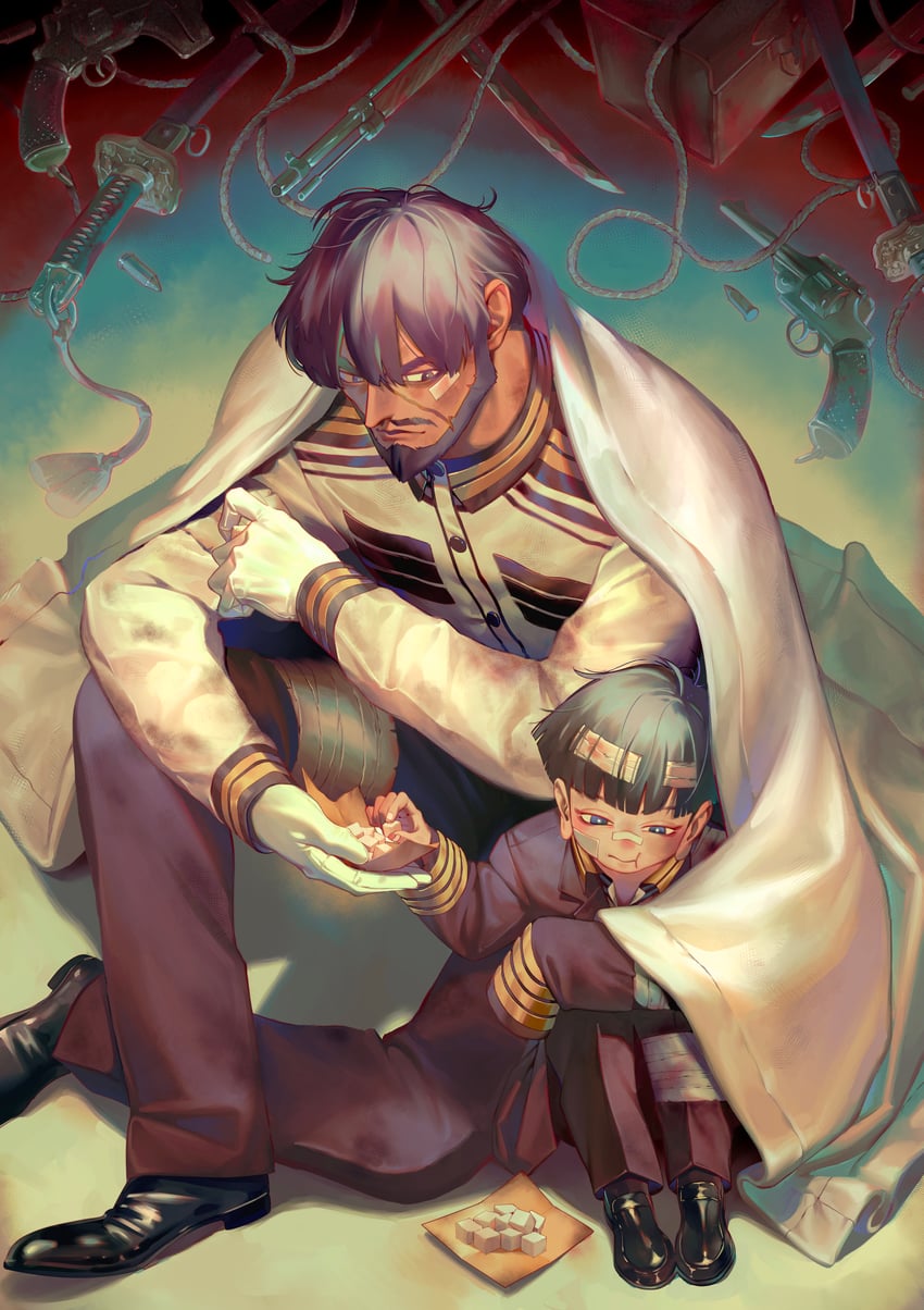 日本三国、sugoh goh、taira tonotsugu 2个男孩 缠着绷带的腿 绷带 创可贴 脸上的创可贴