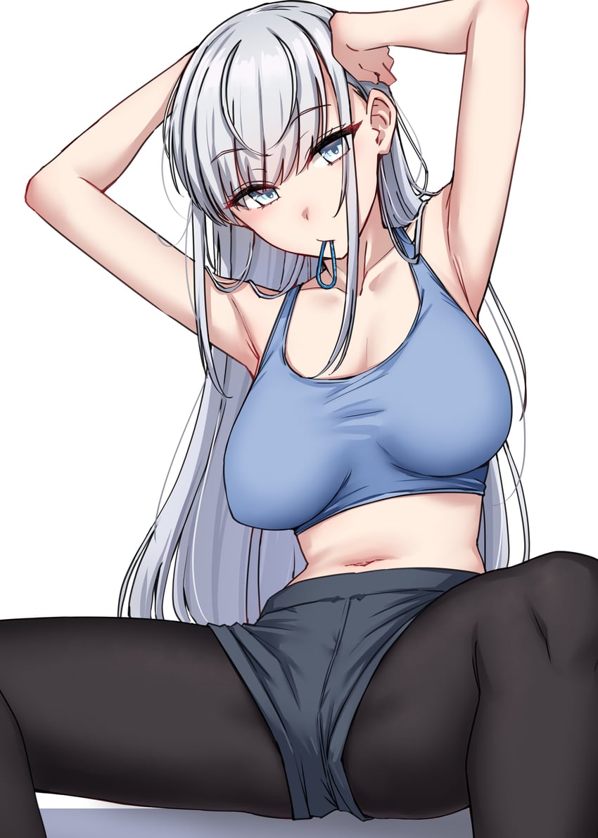舰队Collection、冬月 (舰队收藏) 1名女孩 替换服装 双手抱头 黑色连裤袜 黑色短裤