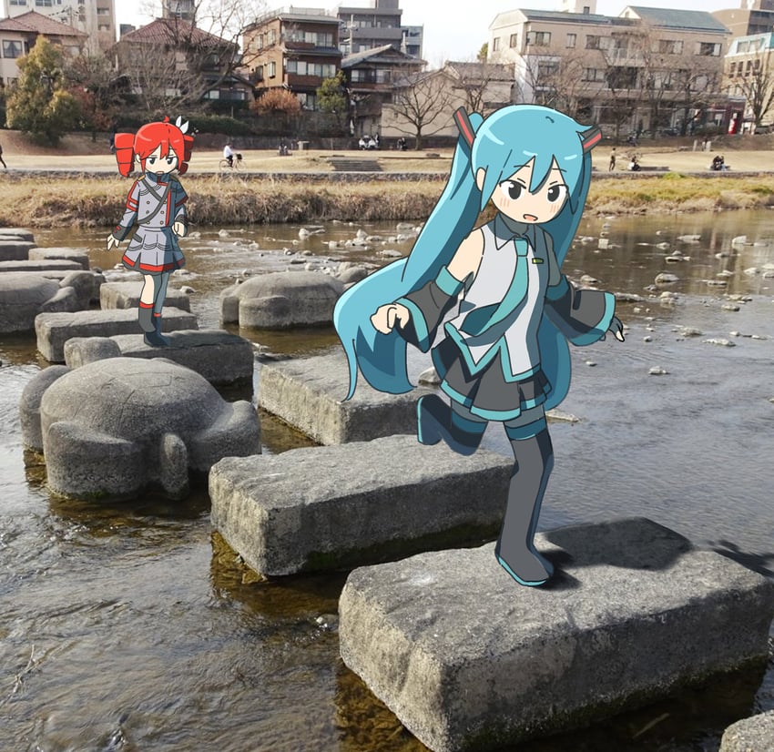 Synthesizer V、UTAU、VOCALOID 2名女孩 水色发 水蓝色领带 水蓝色饰边 黑色靴子