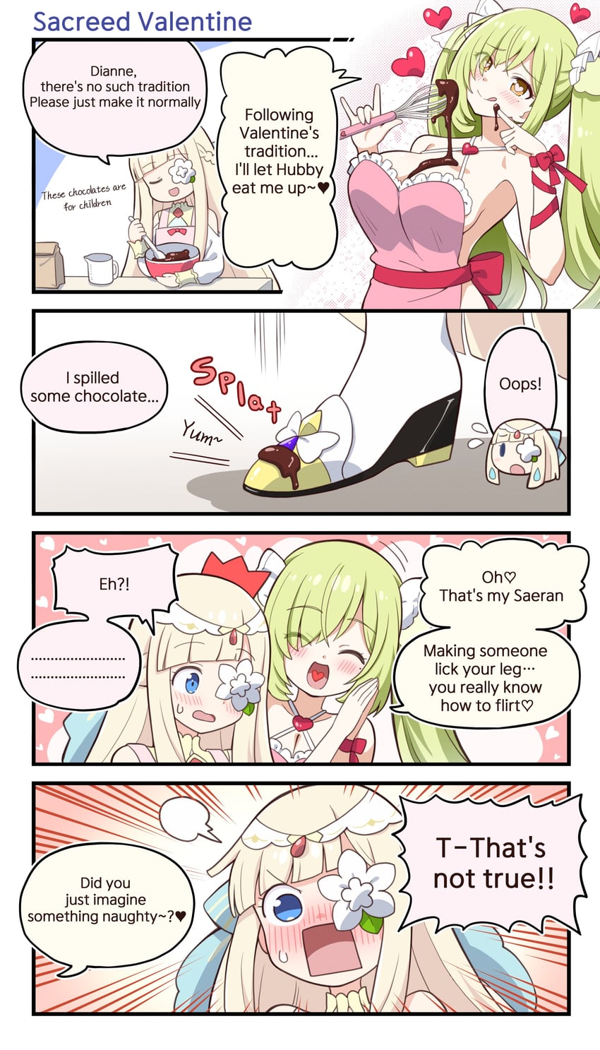 异界事务所、dianne (outerplane)、saeran bluelight 2名女孩 四格漫画 围裙 腋下 露肩