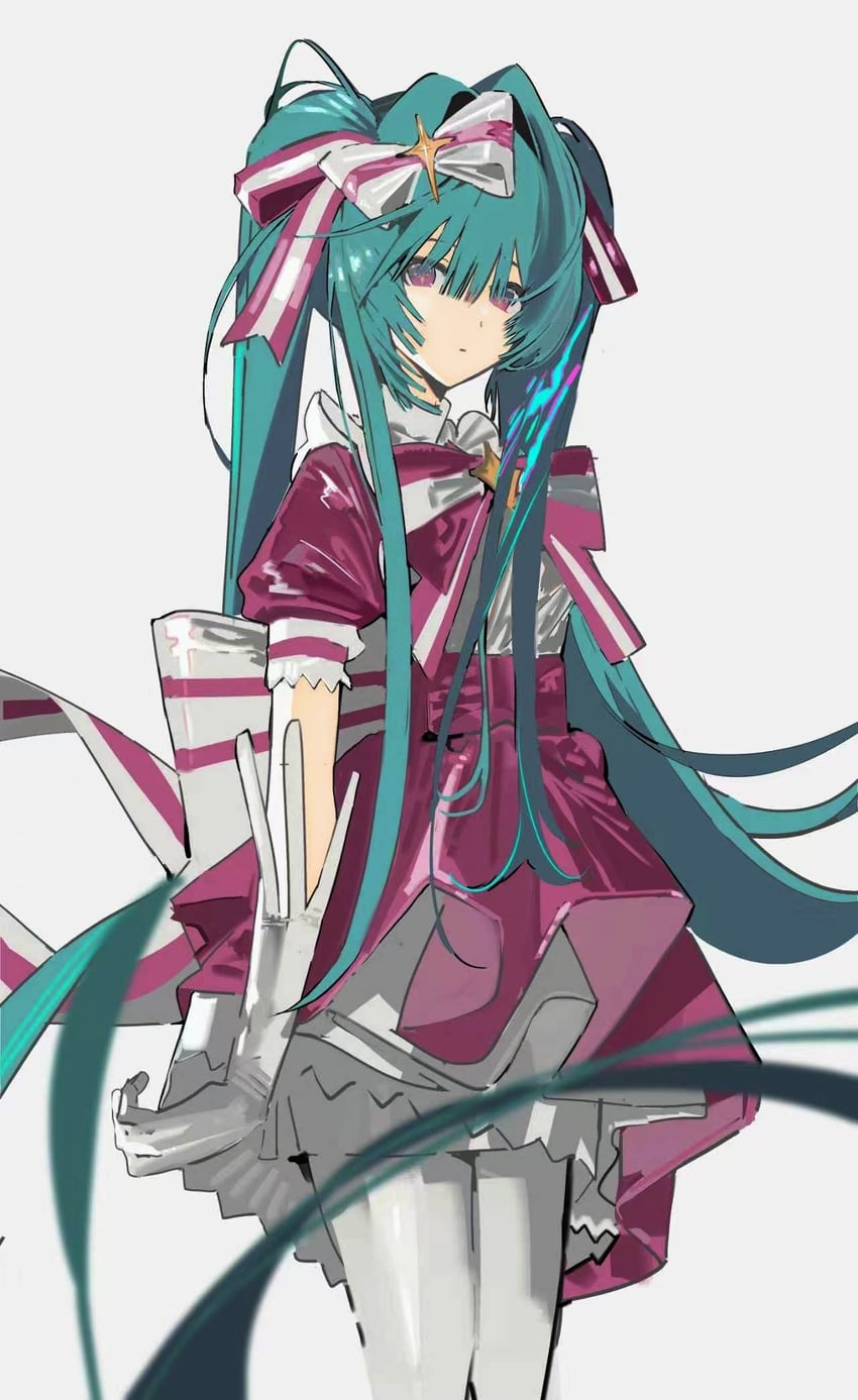 立刻轮回 (Vocaloid)、VOCALOID、初音未来 1名女孩 水色发 后背蝴蝶结 蝴蝶结 蝶形领结