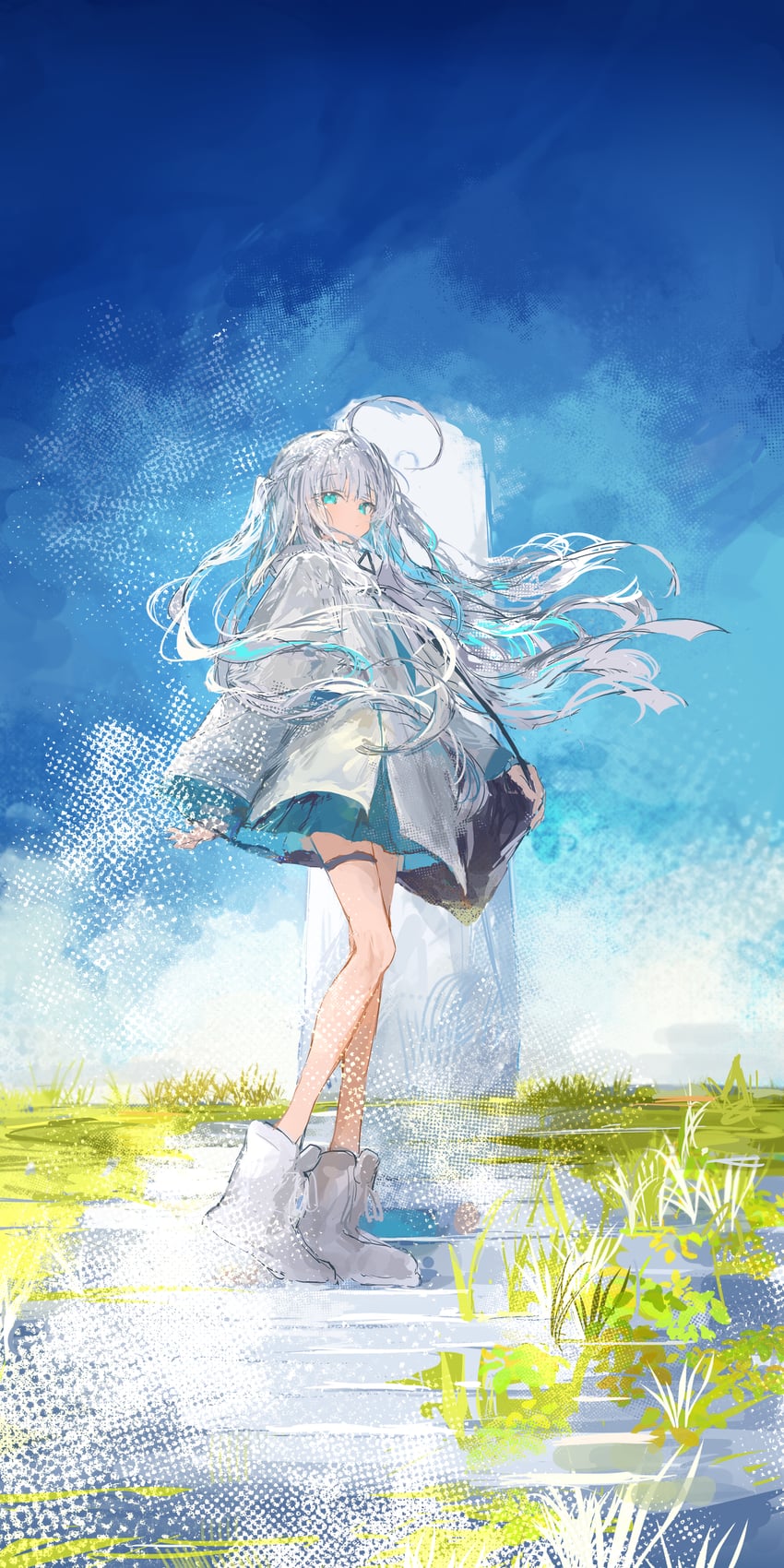 原创 1名女孩 呆毛 水色瞳 水蓝色裙子 靴子
