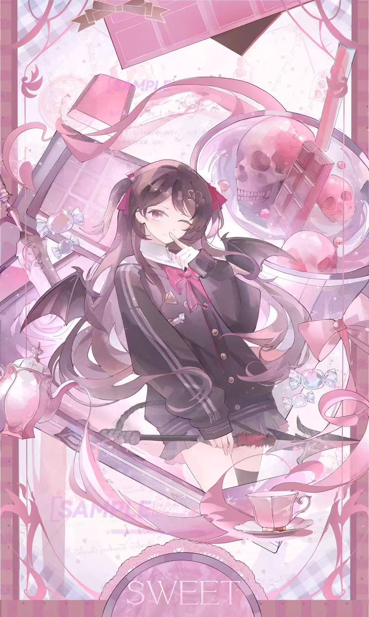 Vedal AI、Evil Neuro-sama、Evil Neuro-sama (第一套服装) 1名女孩 徽章 黑色针织衫 黑色翅膀 边框