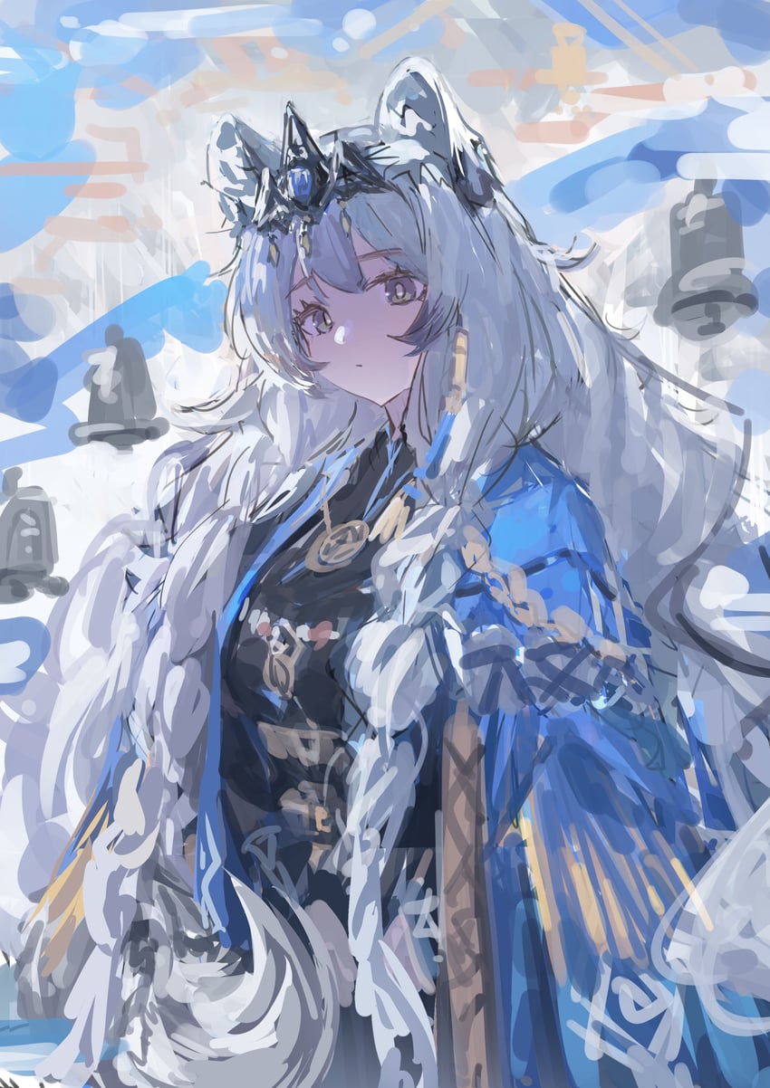 明日方舟、初雪 (明日方舟)、初雪 (祈愿者) (明日方舟) 1名女孩 兽耳毛 兽耳 铃铛 黑色连衣裙