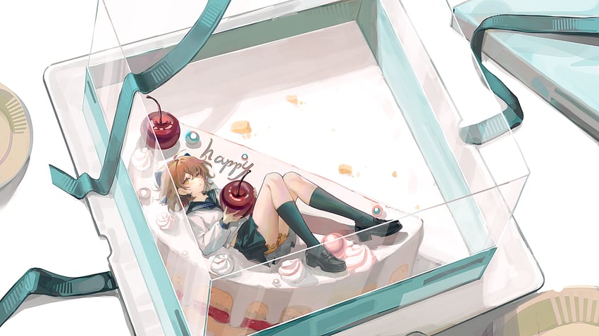 独立唱见、Hanser (VTuber) 1名女孩 呆毛 水色缎带 生日蛋糕 黑色水手领