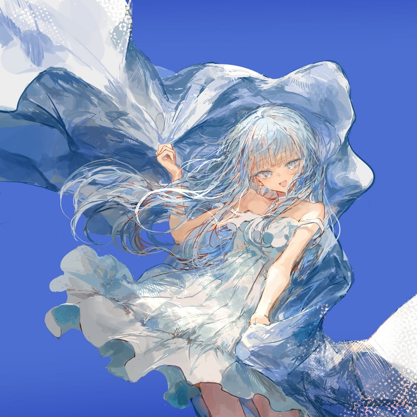 原创 1名女孩 举手 露肩 蓝色背景 连衣裙