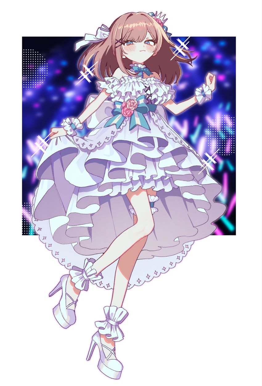彩虹社、铃原露露、铃原露露 (第三套服装) 1名女孩 脚镣 水蓝色蝴蝶结 水蓝色蝴蝶结 露肩
