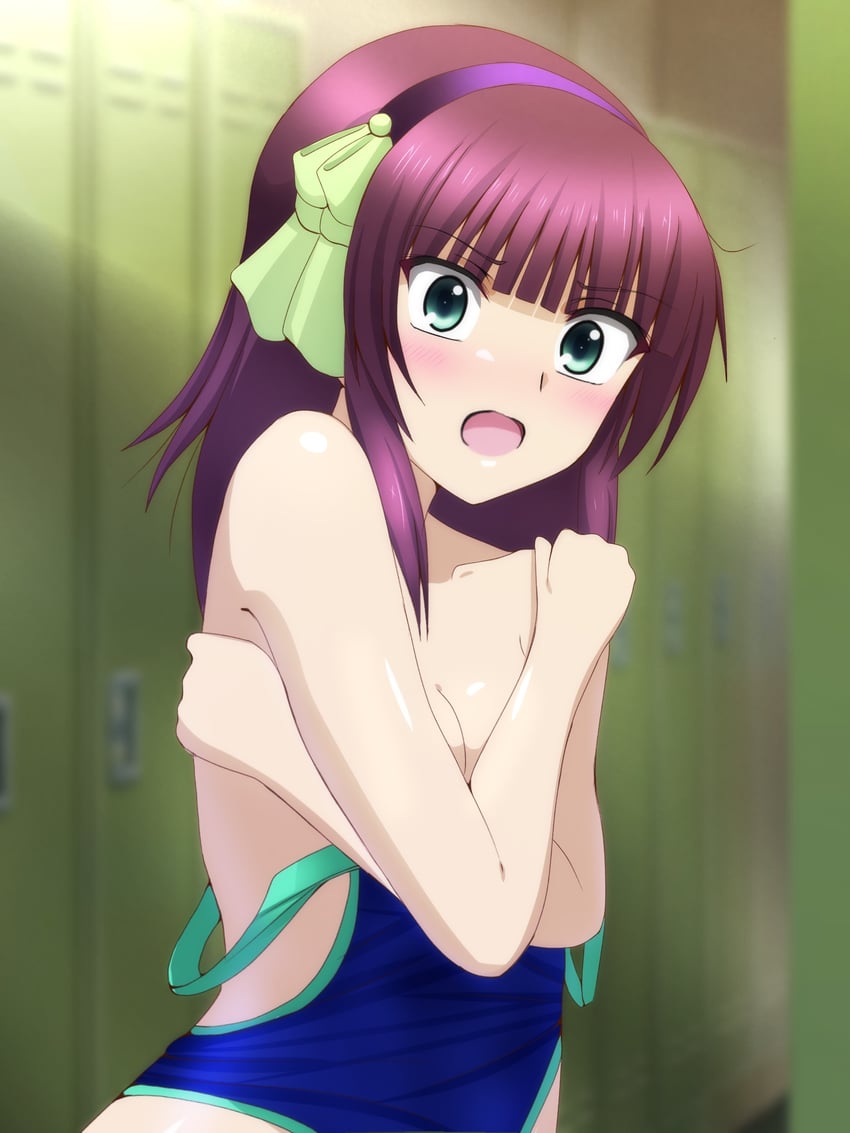 Angel Beats!、中村由利 1名女孩 露肩 蓝色连体泳衣 齐刘海 模糊
