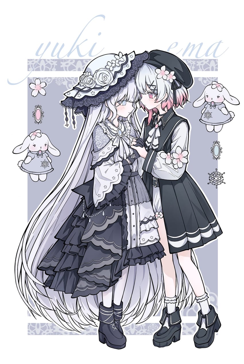 魔法少女的小镇审判、樱庭绘麻、月城雪 2名女孩 贝雷帽 黑色项圈 黑色连衣裙 黑色手套