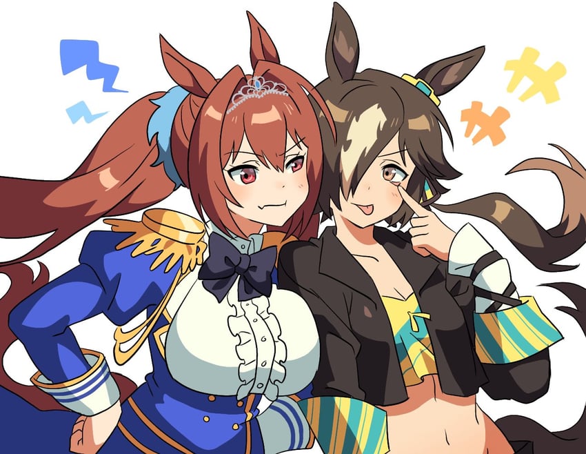 赛马娘、大和赤骥 (巅峰蓝) (赛马娘)、大和赤骥 (赛马娘) 2名女孩 :p 吐舌头翻眼皮 抹胸 黑色蝴蝶结