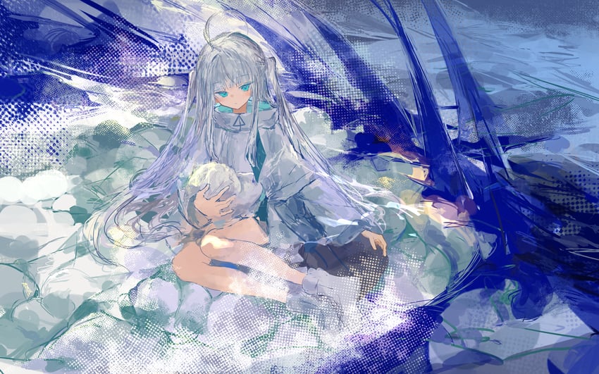 原创 1名女孩 呆毛 水色瞳 蓝色背景 靴子