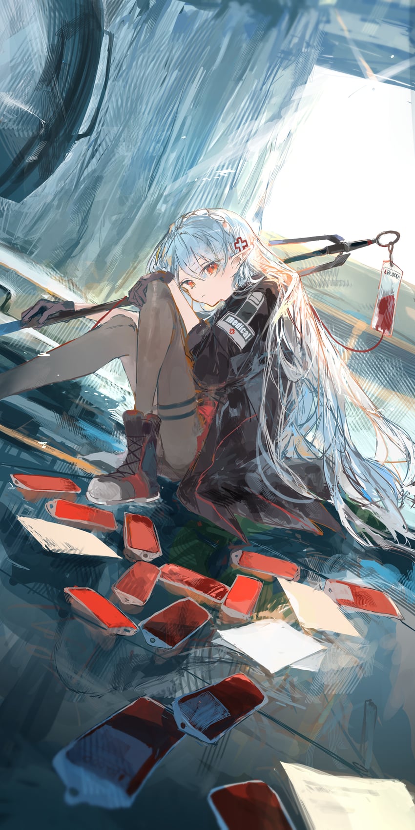 明日方舟、华法琳 (明日方舟) 1名女孩 黑色靴子 黑色手套 黑色夹克 黑色连裤袜