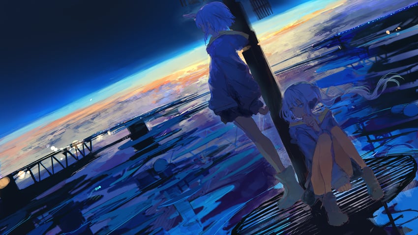 原创 2名女孩 手放在背后 腿间 蓝色主题 靴子