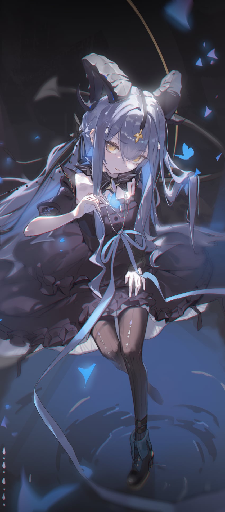明日方舟、BanG Dream!、Bang Dream! It's MyGO!!!!! 1名女孩 黑色靴子 黑色连衣裙 黑色连裤袜 蓝发