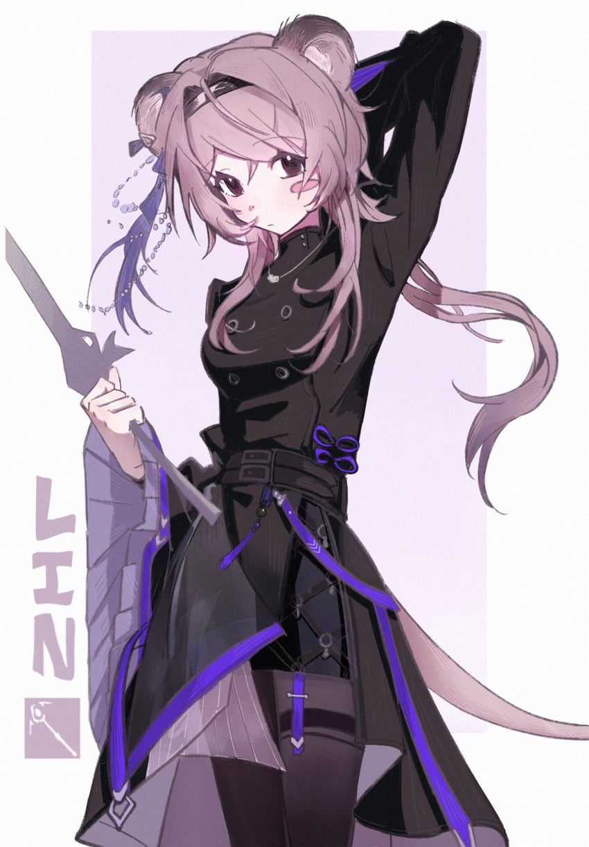明日方舟、林 (明日方舟) 1名女孩 兽耳 手放在头后 举手 黑色连衣裙