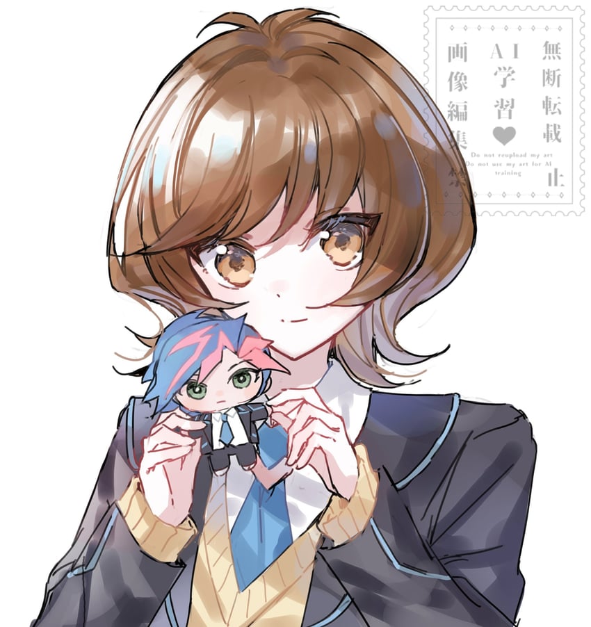 游戏王、游戏王VRAINS、藤木游作 1名女孩 黑色夹克 蓝色领带 棕眼睛 棕发