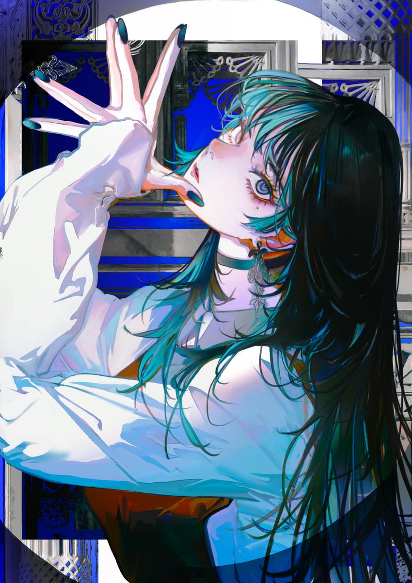 原创 1名女孩 水色发 黑色项圈 黑发 蓝色指甲
