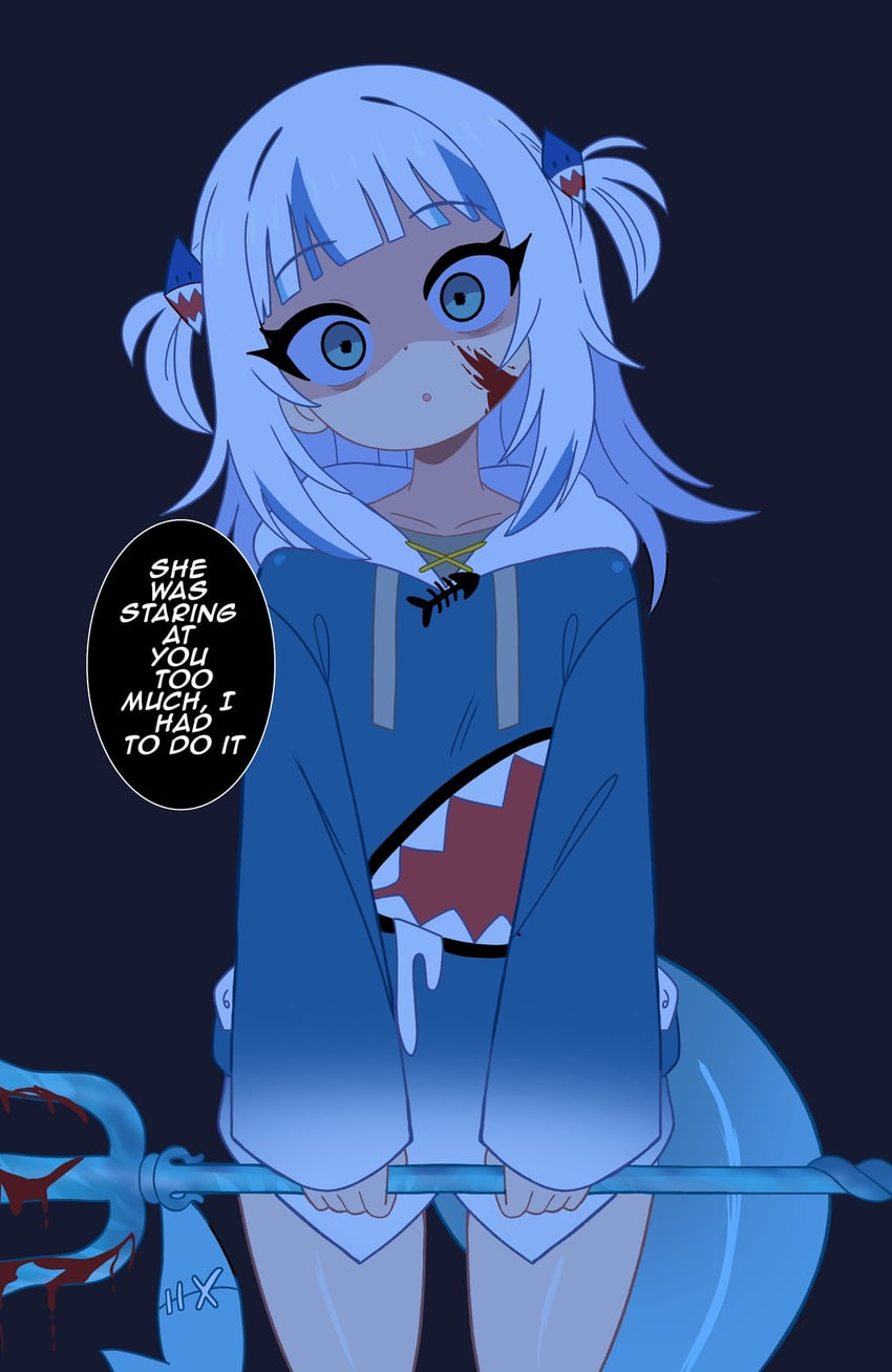 Hololive、Hololive英语、噶呜·古拉 1名女孩 黑色背景 血 脸上有血 武器上有血
