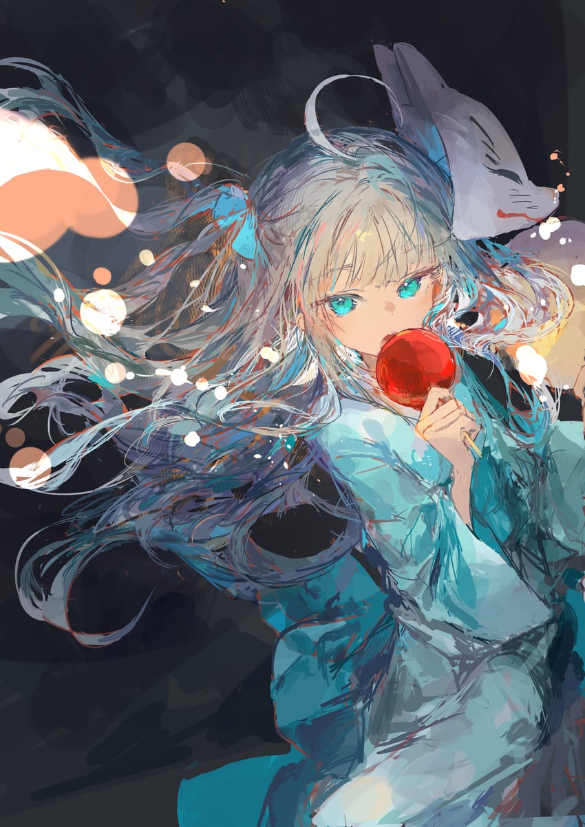 原创 1名女孩 呆毛 水色瞳 水色和服 苹果糖