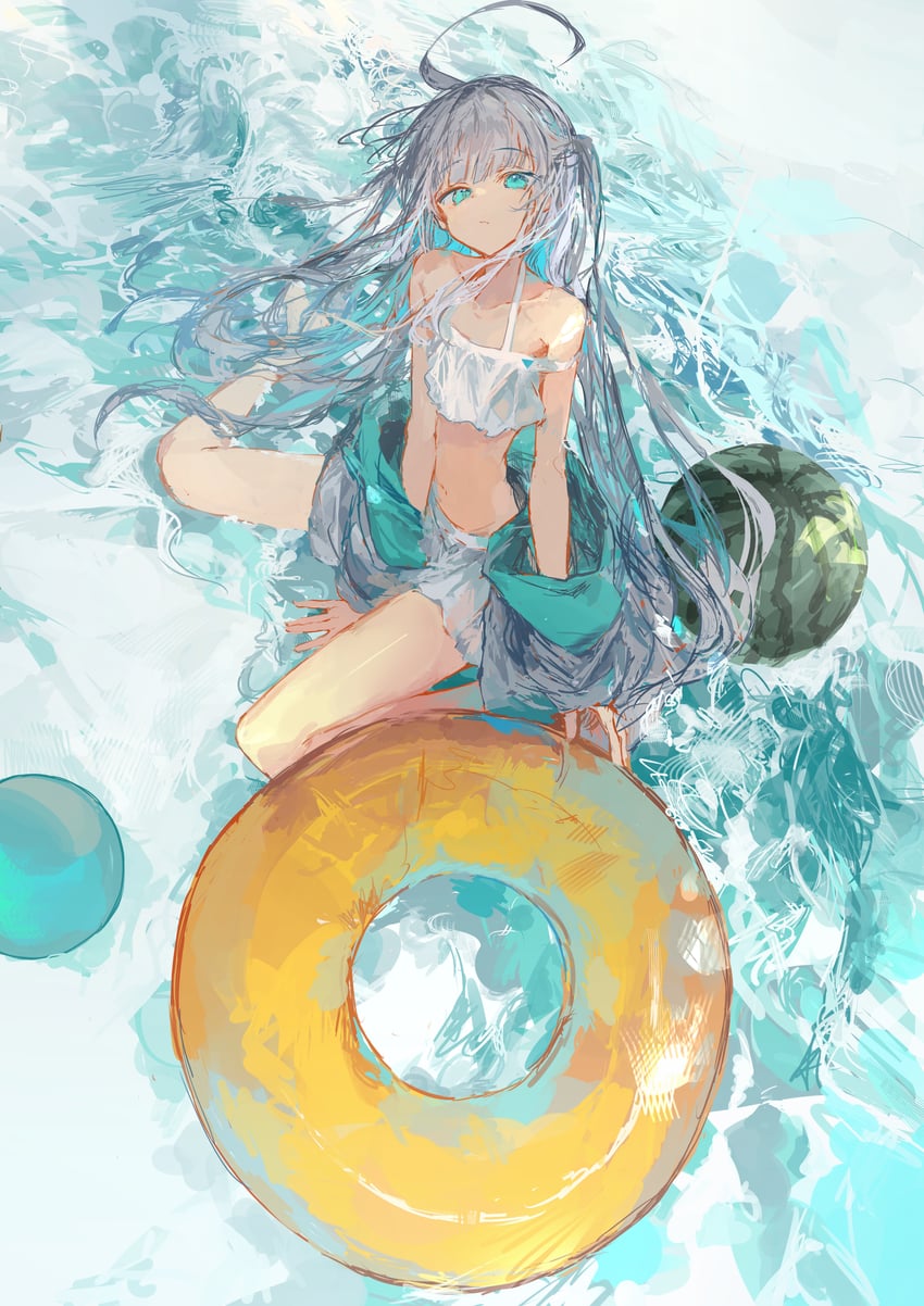 原创 1名女孩 呆毛 水色瞳 腿间 比基尼