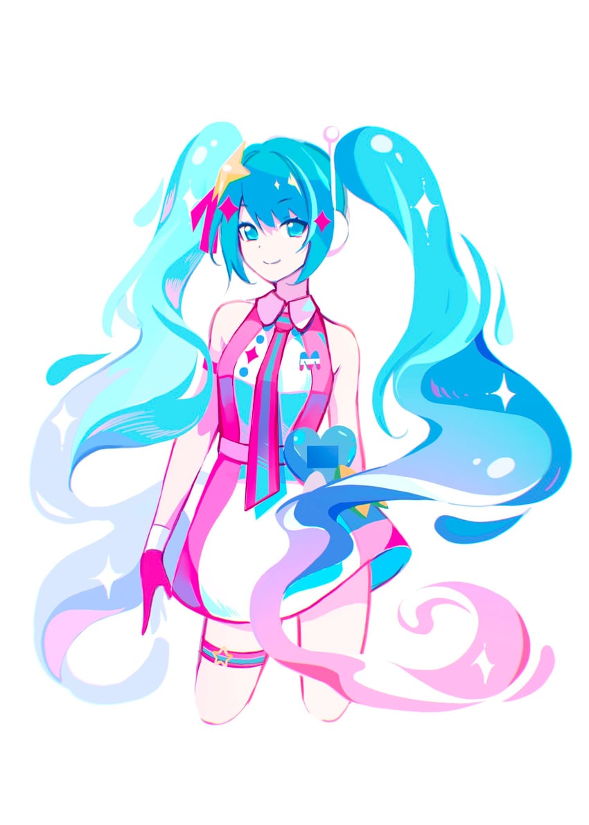 未来夏娃 (Vocaloid)、魔法未来(Vocaloid)、VOCALOID 1名女孩 水色瞳 水色发 腰带 连衣裙