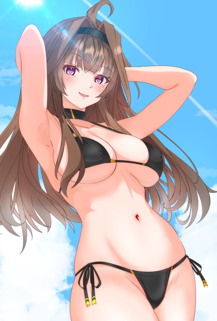 舰队Collection、金刚 (舰队收藏) 1名女孩 替换服装 比基尼 黑色比基尼 蓝天