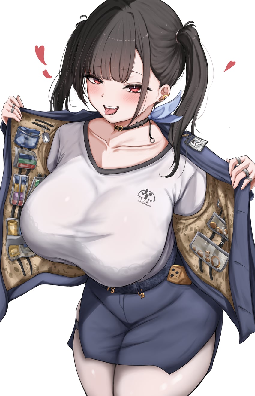 胜利女神：妮姬、索拉 (胜利女神：妮姬) 1名女孩 黑发 蓝色夹克 蓝裙子 脸红