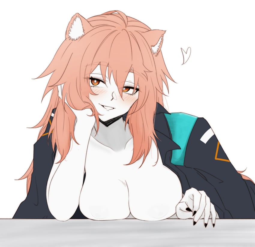 明日方舟、砾 (明日方舟) 1名女孩 兽耳毛 黑色夹克 黑色指甲 脸红