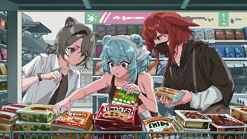 明日方舟、苦艾 (明日方舟)、裂兽 (明日方舟) 3人女子 兽耳 包 熊耳 熊娘