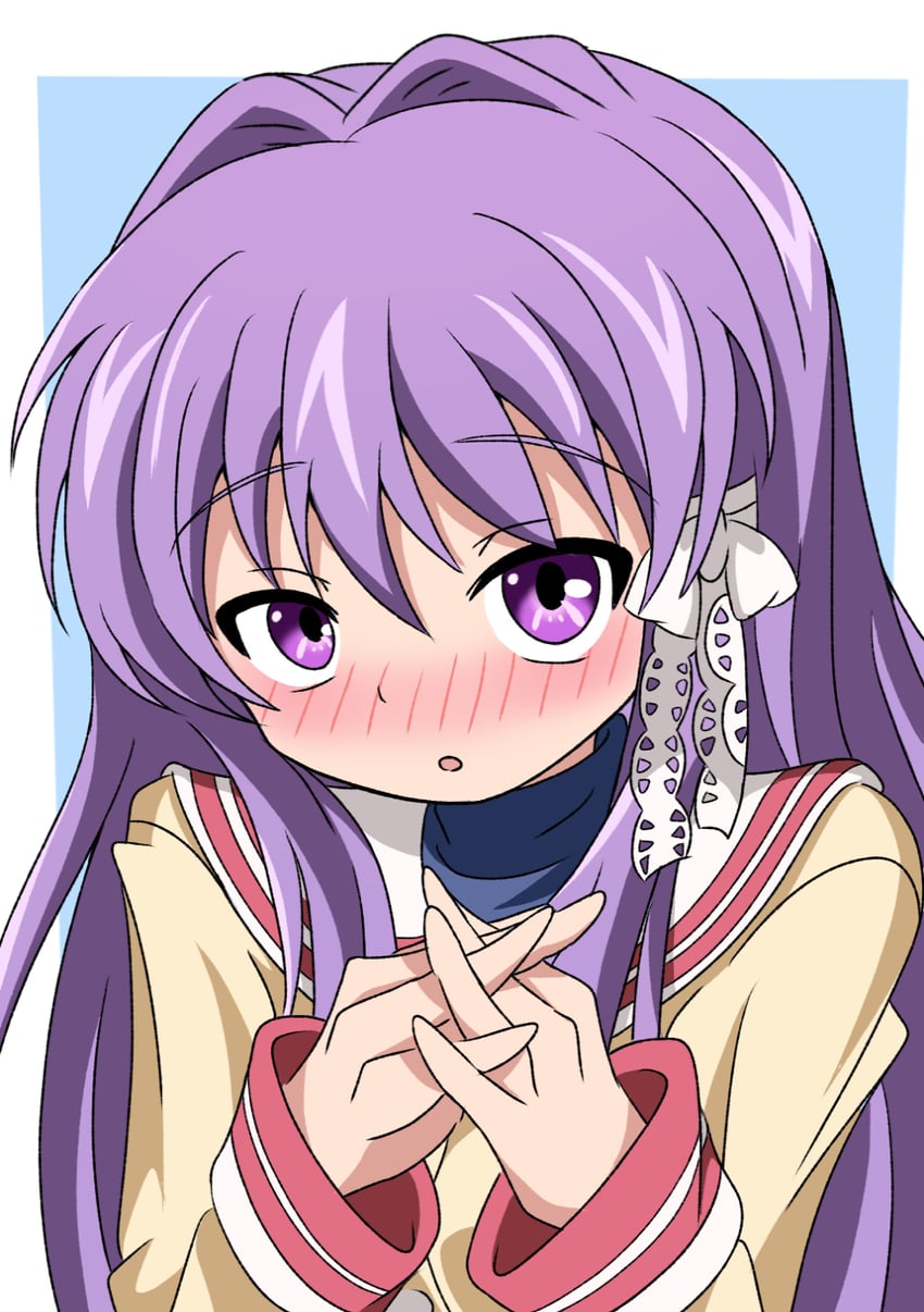 CLANNAD、藤林杏 1名女孩 惊讶 蓝色背景 蓝色衬衫 脸红