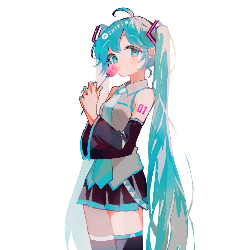 VOCALOID、初音未来 1名女孩 呆毛 露肩 黑色裙子 黑色袖子