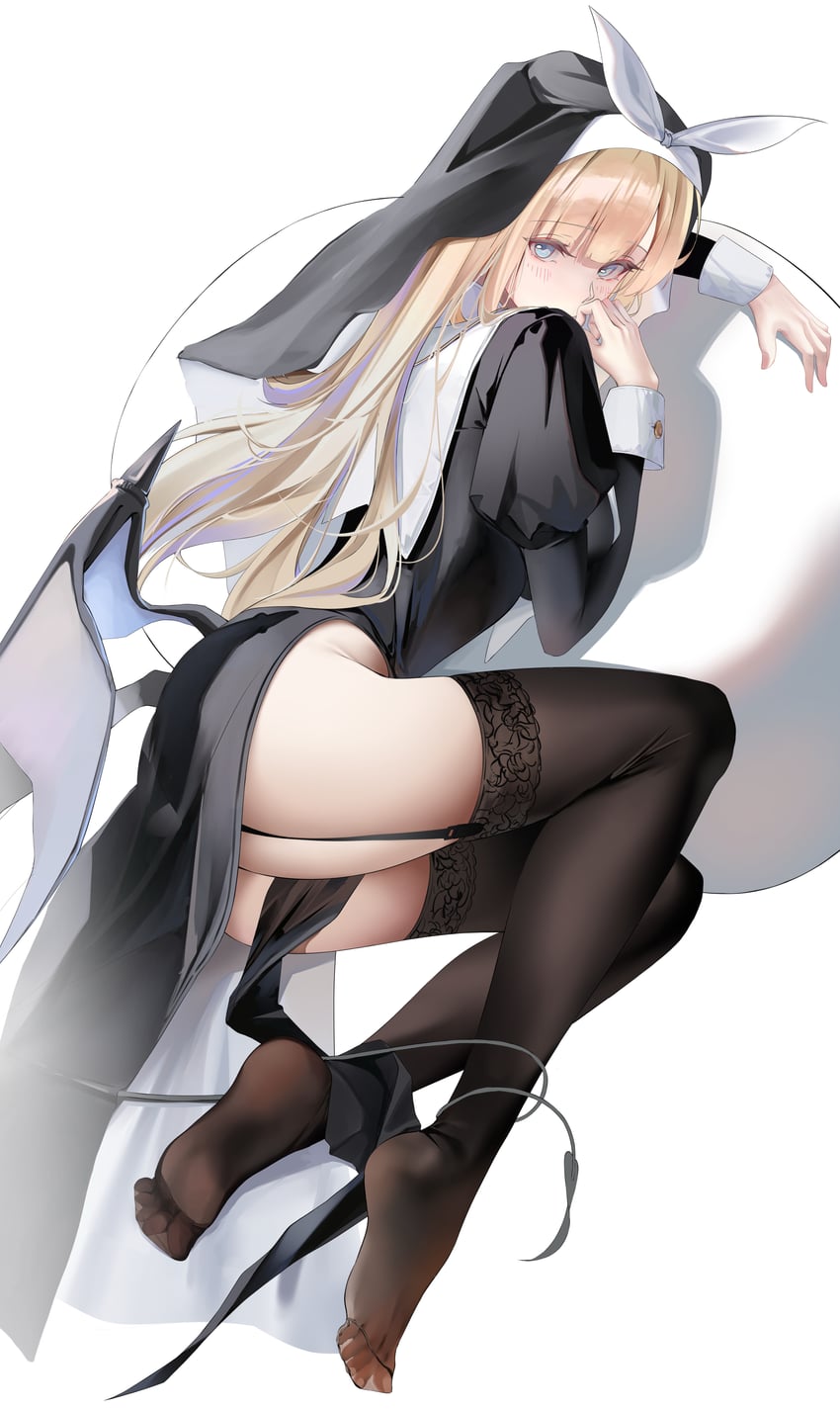 原创 1名女孩 黑色连衣裙 黑色过膝袜 黑面纱 金发