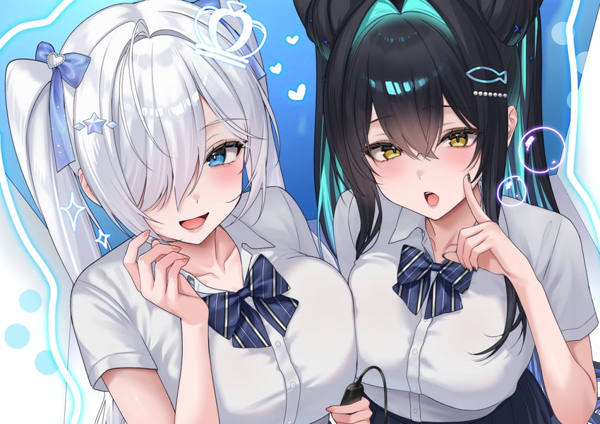 胜利女神：妮姬、灰姑娘 (妮姬)、小美人鱼 (胜利女神：妮姬) 2名女孩 替换服装 水色发 非对称对接 黑发
