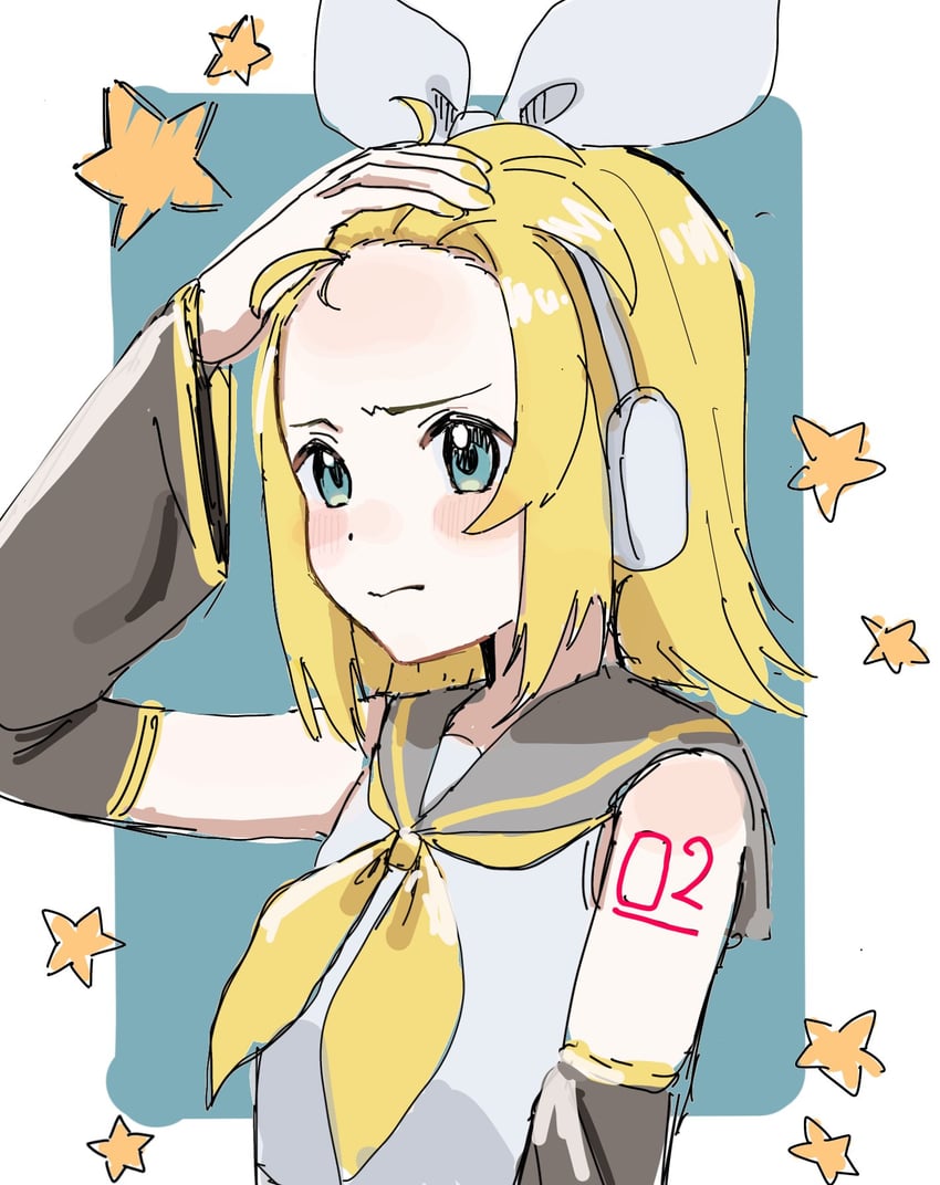 VOCALOID、镜音铃 1名女孩 露肩 金发 蝴蝶结 露肩袖