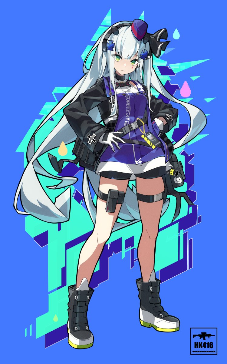 少女前线、HK416 (少女前线)、HK416 (心智升级) (少女前线) 1名女孩 蓝色背景 闭嘴 绿眼 灰发
