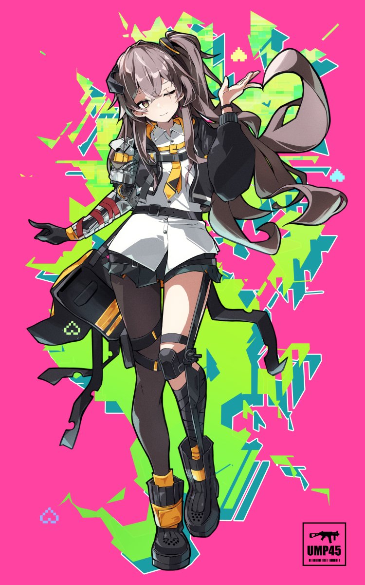 少女前线、UMP45 (少女前线)、UMP45 (心智升级) (少女前线) 1名女孩 黑色靴子 靴子 棕发 闭嘴
