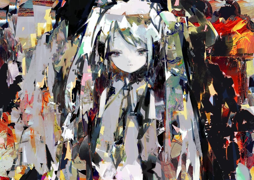 VOCALOID、初音未来 1名女孩 抽象 抽象背景 闭眼 无表情