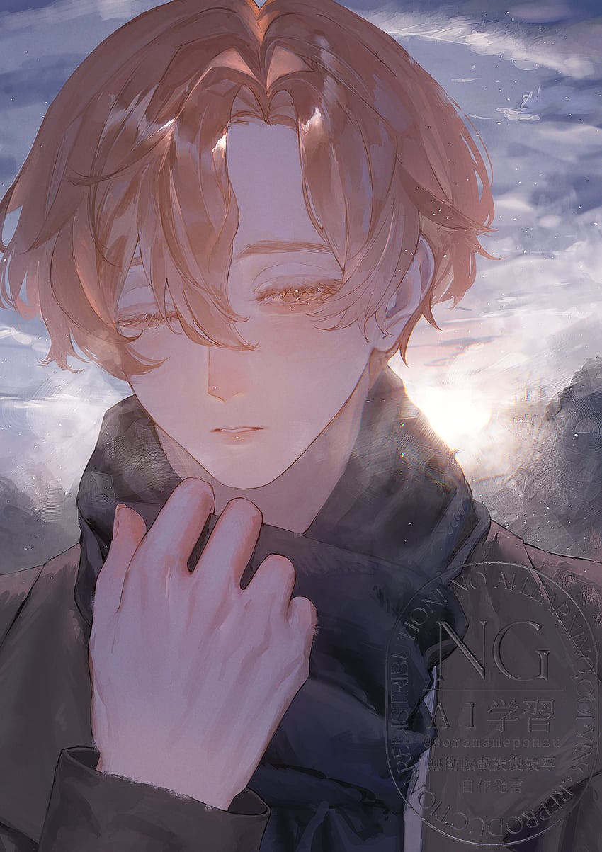 原创 1名男孩 整理围巾 黑色围巾 吐息 棕眼睛