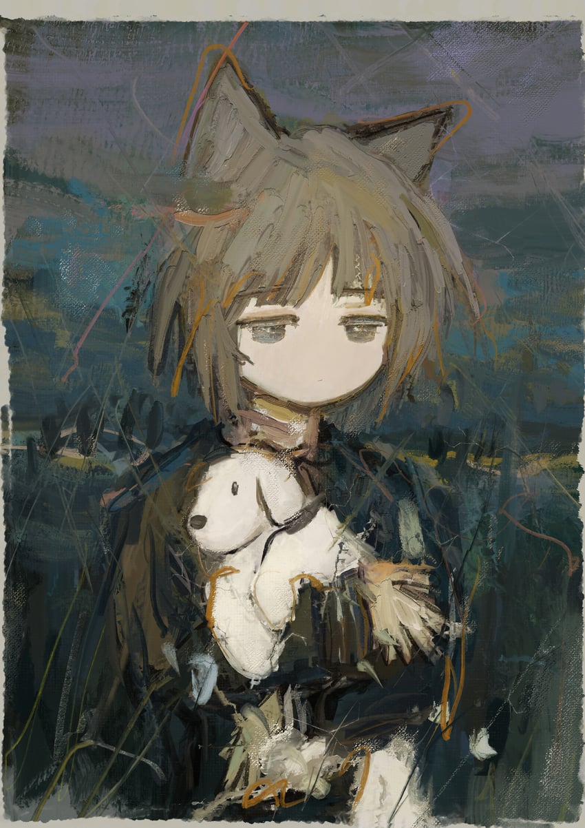 原创 1名女孩 动物 黑色夹克 棕眼睛 棕发
