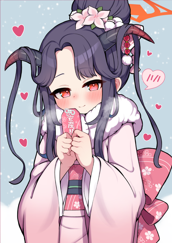 蔚蓝档案、风华 (蔚蓝档案)、风华 (新年) (蔚蓝档案) 1名女孩 黑发 脸红 牛仔镜头 花