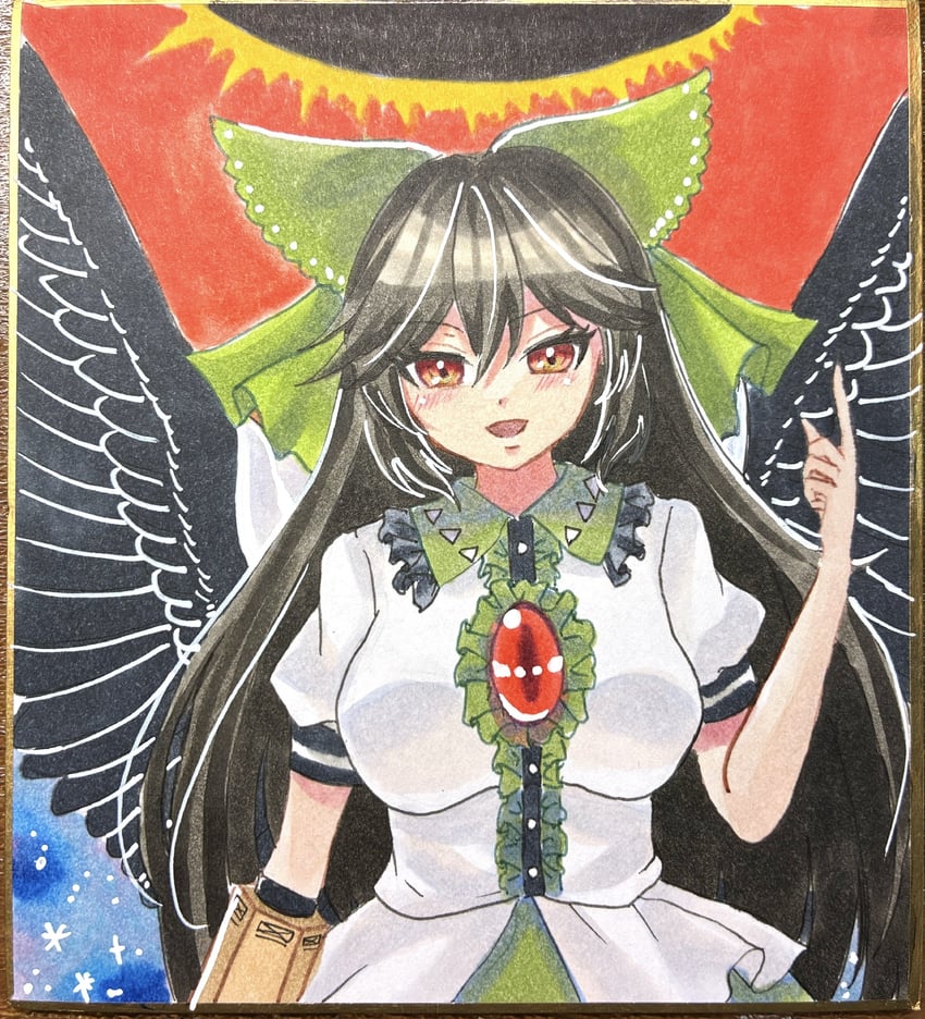 东方Project、灵乌路空 1名女孩 手臂炮 鸟翼 黑发 黑色翅膀