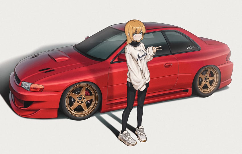 原创 1名女孩 黑色连裤袜 黑色短裤 金发 汽车