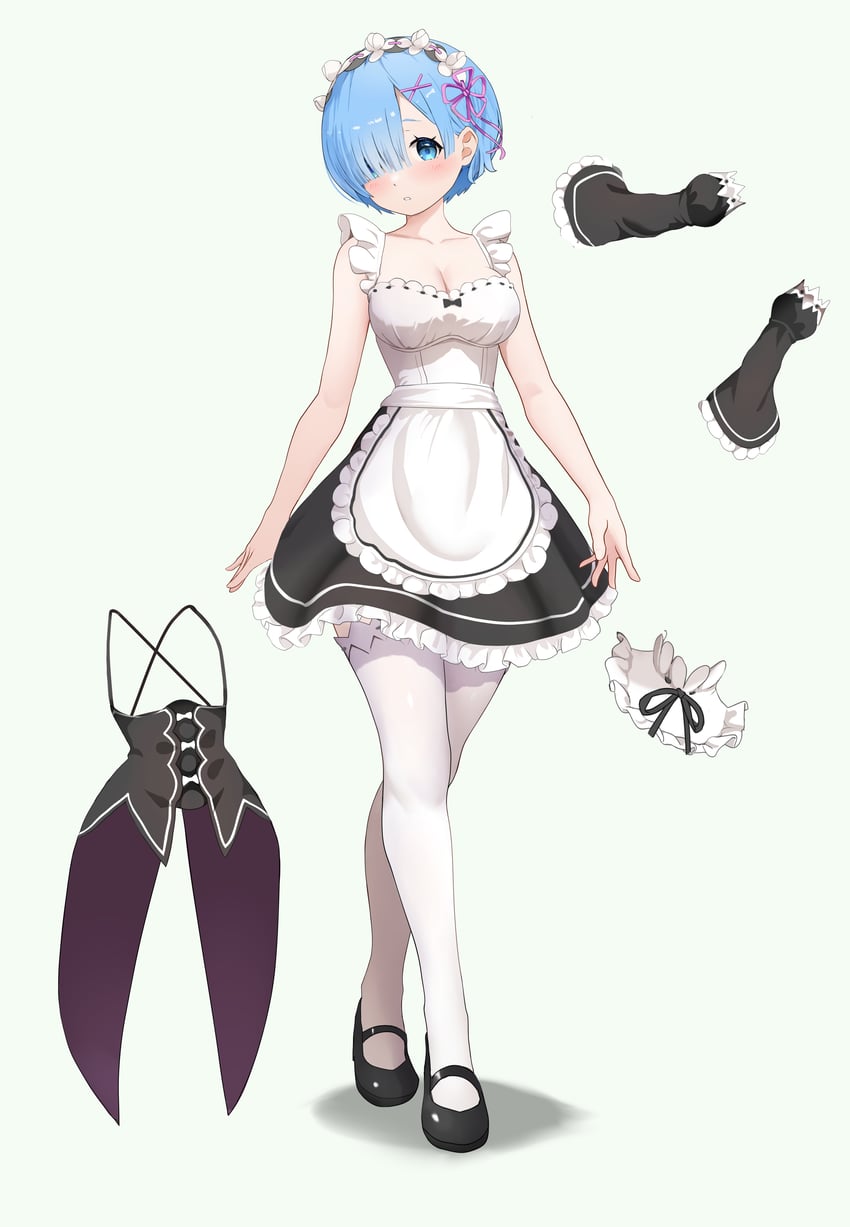 Re:从零开始的异世界生活、雷姆 (从零开始的异世界生活) 1名女孩 围裙 黑色紧身胸衣 黑色丝带 黑鞋