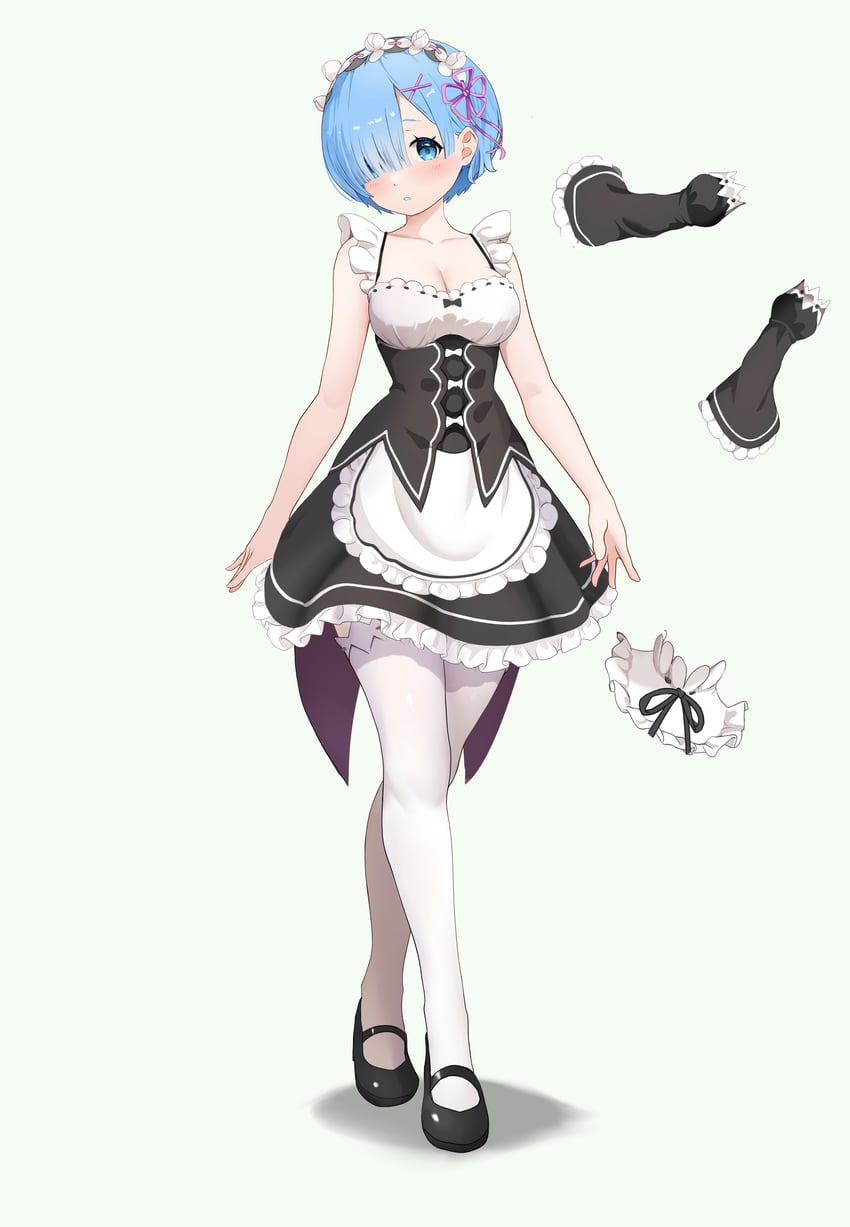Re:从零开始的异世界生活、雷姆 (从零开始的异世界生活) 1名女孩 围裙 黑色紧身胸衣 黑色丝带 黑鞋